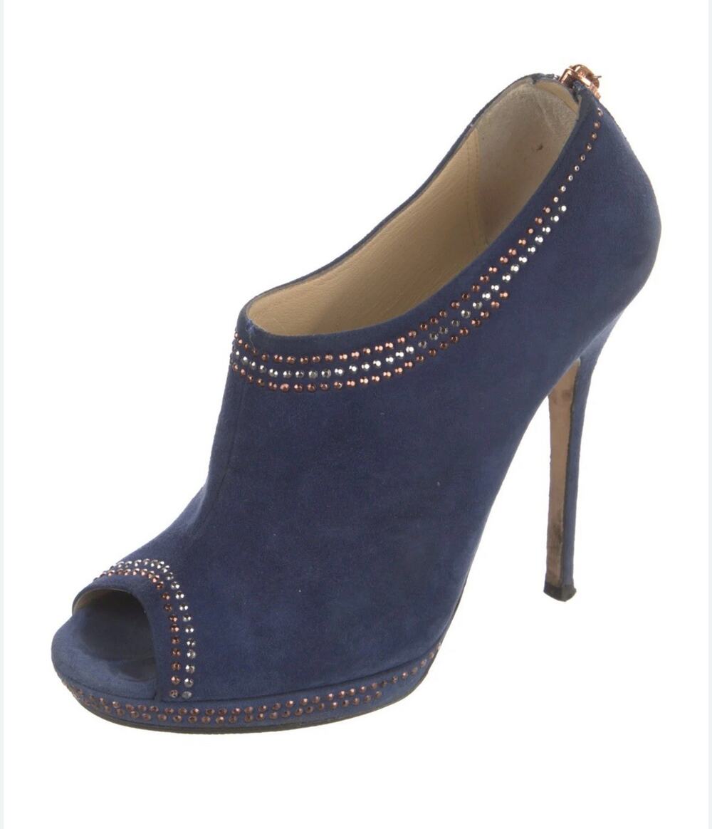 Jimmy Choo Blue Suede Silver Bronze Studded Peep Toe Booties Size EU 40